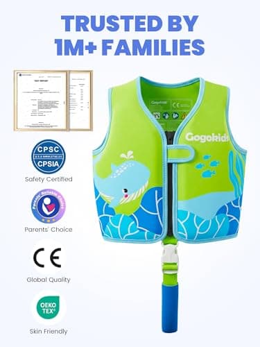 Gogokids Toddler Swim Vest Pool Floaties for Kids 1-2-3-5-7-9 Yrs, Neoprene Kids Swimming Jacket w/Adjustable Safety Strap & Zip, Toddler Float Jacket 33-66lbs for Beach Puddle Pool Boys Girls Niños - Thumbnail 2