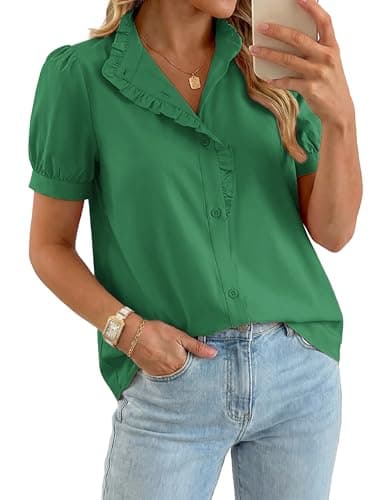 GRACE KARIN Women's 2026 Summer Short Sleeve Tops, Dressy Casual V Neck Blouses, Trendy Button Down Shirts Work Office Green XL - Image 1