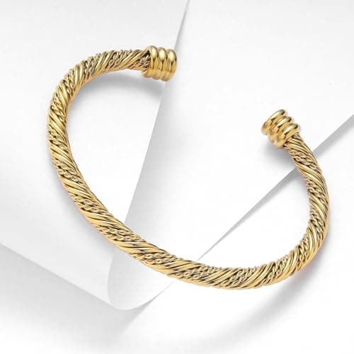 BOLAGTIER Stainless Steel Twisted Cable Wire Bracelets Adjustable Open Cuff Bangle Bracelet Vintage Jewelry Gift for Women (C-Gold 62) - Thumbnail 4