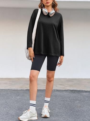 Tankaneo Women's Oversized Long Sleeve Tunic Tops Casual Crewneck Loose Fit T-Shirt with Side Slits 2026 Black - Thumbnail 6