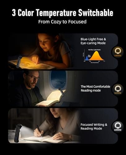 HIONXMGA Book Reading Light,Silent Touch Book Lamp for Reading in Bed,Rechargeable Clip on Booklight with 3 Amber Colors & 7 LEDs Precise Dimming for Eye Caring Night Reading,Books Lovers,Kids,Black - Thumbnail 3