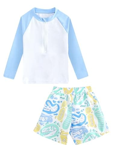 Boys Rash Guard Swimsuits 2 Piece Swim Set Zipper Long Sleeve Bathing Suit with Swim Trunks Blue White 5-6 Years - Image 1