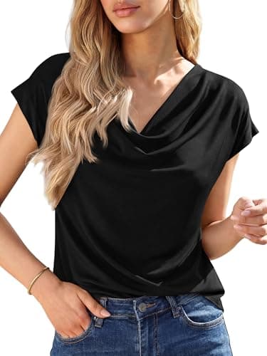 BTFBM Cowl Neck Tops for Women 2026 Spring Womens Tops Dressy Casual Business Blouses Short Sleeve Shirts Summer Outfits(Black, XX-Large) - Image 1