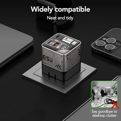 MFish 65W GaN Fast Charger with Built‑in 2.6ft Retractable USB‑C Cable, USB‑C & USB‑A Wall Charger for iPhone, iPad, MacBook, Samsung Galaxy & More (Space Silver) - Thumbnail 6