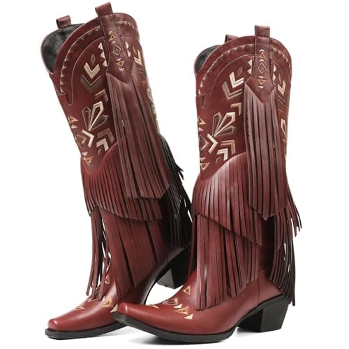 SaraIris Women's Red Cowgirl Boots Knee High Fringe Tassel Western Pointed Toe Wide Calf Cowboy Boots for Women - Image 1
