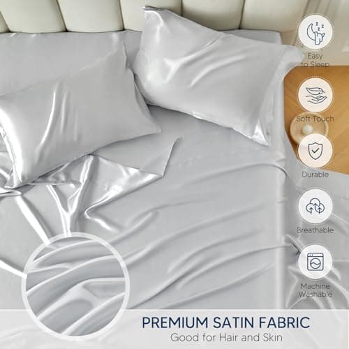 Tokokimo Satin Sheets CKing Size 4 PC - 16" Deep Pocket Silky Soft Bed Sheets, Wrinkle-Free Satin Silk Sheet, Hair & Skin Saver Bed Sheets Set with 1 Fitted Sheet, 1 Flat Sheet, 2 Pillow Cases - Thumbnail 5