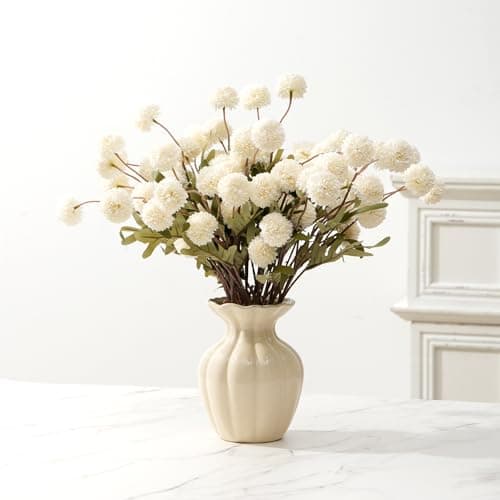 trytuny Fake Fall Flowers for Vase, Faux Silk Kiku Mums, Artificial Pom pom Floral Bouquets Indoor Centerpiece Office Coffee Table Boho Home Decorations (9, White) - Thumbnail 6