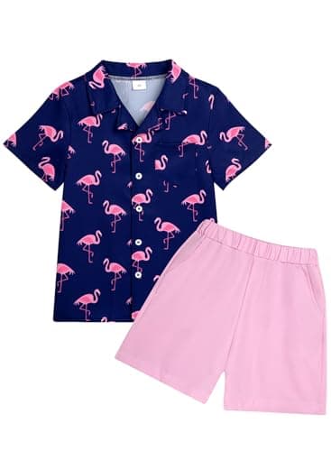 Dolxico Toddler Baby Boy Outfits Summer Clothes Kids Flamingo Pattern Short Sleeve Button Down Shirt & Elastic Waist Casual Beach Shorts Set with Pockets 18-24 Months Flamingo - Image 1