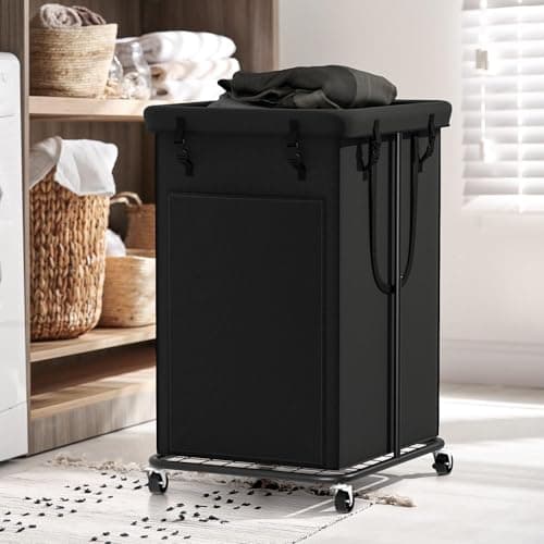 Laundry Basket 155L, Oxford Fabric Laundry Hampers, Metal Frame and Removable Bag Design with Wheels, Suitable for Bedroom, Bathroom, Dorm Room, Laundry Room (Pure Black) - Thumbnail 4