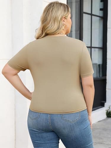 Chulianyouhuo Womens Plus Size Basic Summer Going Out Crop Tops Slim Fitted Short Sleeve Crew Neck Brown T Shirts 2026 - Thumbnail 4