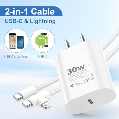 30W USB C Charger, 2 Pack Type C Charger Fast Charging with 6FT 2-in-1 USB C to C & Lightning Cable, for Samsung Galaxy S26 Ultra/S26/S26+/iPhone 17/16/15/14/13/12/11 Pro Max, iPad, AirPods (2, White) - Thumbnail 2