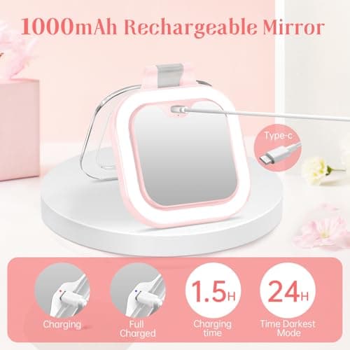 FASCINATE Rechargeable Travel Makeup Mirror 30X Magnification, 3.5" Lighted Portable Vanity Mirror with 3 Colors Lighting & Stepless Dimming, Double Sided LED Mirror, Gift for Women (Pink) - Thumbnail 6