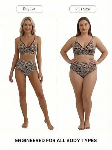 Herseas Women's Stitching Floral Textured Bikini Sets High Waisted Scalloped V Neck Slimming Swimsuits 2026 Summer Tummy Control Ladies Bathing Suits Chic Resort Wear for Teens Dark Brown Large - Thumbnail 4