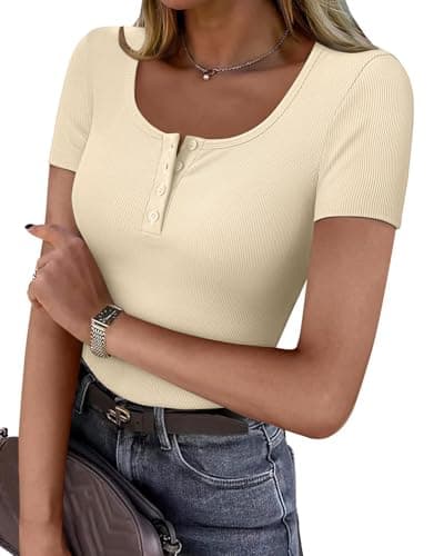GKBK Ribbed Basic Tees Tshirts for Women Fitted Tight Short Sleeve Tops Dressy Casual Henley Tops Scoop Neck Cute Spring 2025 Trendy Outfits Clothes Beige S - Image 1