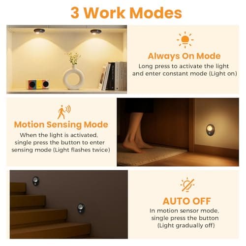 Motion Sensor Puck Lights 4 Pack, USB-C Rechargeable Under Cabinet Lights, 3 Color Temperatures Dimmable Magnetic Closet Lighting, Wireless LED Lights for Kitchen, Pantry, Shelf, Drawer, Hallway - Thumbnail 4