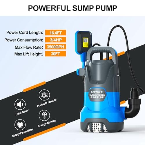 PANRANO Submersible Water Automatic Sump Pump 1HP Clean/Dirty Water Removal Pump 4000PGH With Float Switch Electric Portable Transfer Water Pump for Swimming Pool Garden Pond Basement Draining - Thumbnail 4