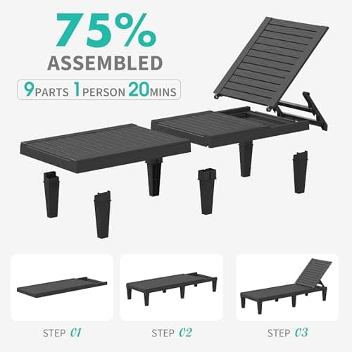 NBYSGO Patio Chaise Lounge Set of 2, 5-Position Adjustable Reclining Patio Lounge Chairs with Wood Grain Finish, All-Weather Resin Pool Lounge Chairs for Garden Deck Backyard (Black) - Thumbnail 5