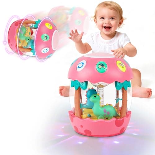 M SANMERSEN Baby Girl Toys, Dinosaur Rotating Light Up Musical Baby Toys for 12-18 Months Newborn Infant Crawling Tummy Time Toys, Birthday Easter Gifts for Baby Girls- Pink