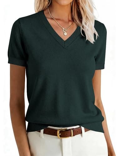 ANRABESS Women's Short Sleeve Sweater Business Casual Top,Dark Green,L