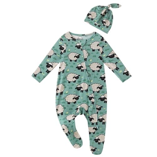 Baby One-Piece Footies Long Sleeve Rompers 2-Way Zipper, Baby Bodysuit Bamboo Clothes for Boys Girls (Lamb, Newborn) - Image 1