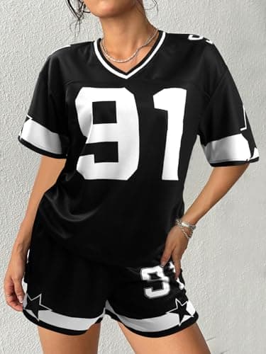 KIMSOONG Jersey Shirts for Women Shorts 2 Piece Sets Going Out Number Graphic V Neck Y2K Streetwear Tee and Short Pants Suits - Thumbnail 3