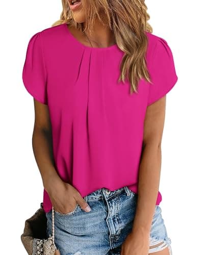 PRETTYGARDEN Women's Tops 2026 Casual Summer Round Neck Short Sleeve Basic Pleated Loose Fit Blouses Plain Tunic Shirts(Rose Pink,X-Large) - Image 1