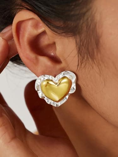 Freekiss Chunky Gold and Silver Heart Stud Earrings for Women,14K Gold Plated Irregular Heart Love Drop Earrings, Trendy Bold Geometric Jewelry Gift - Thumbnail 4
