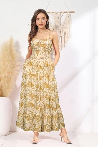 Summer Dresses for Women 2025 Spaghetti Strap Dress Floral Printed Casual Maxi Long Beach Dress Yellow Leaves S - Thumbnail 2