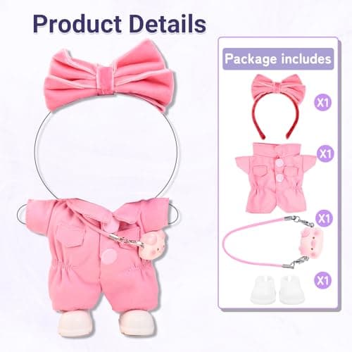4PCS Pink Kawaii Doll Romper Set Pink Bunny Jumpsuit with Bow Tie for 15-17cm 4 Inch Blind Box Dolls Includes Bow Headwear, Crossbody Bag, One-Piece Workwear and Shoes (NO Doll) - Thumbnail 4