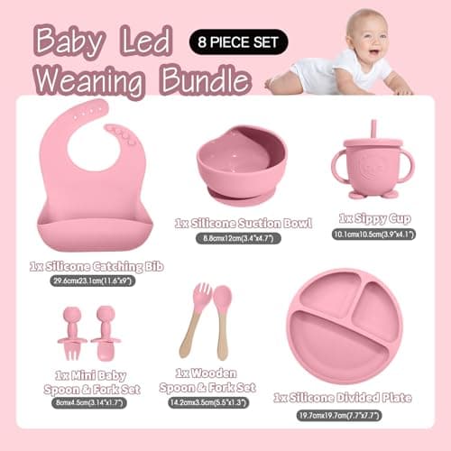 Baby Led Weaning Supplies, 8 Piece BPA-Free Silicone Feeding Set, Silicone Suction Bowl, Forks & Spoons, Bib & Cup, Develops Self Feeding Skills, Dishwasher Safe, for 6+ Months (Pink) - Thumbnail 2
