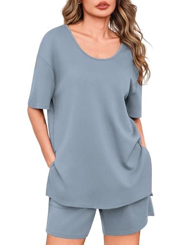 Totatuit Womens Oversized T Shirt and Shorts Set 2 Piece Lounge Outfits High Waist Bermuda Shorts with Pockets Casual Summer Matching Sets Gray-blue Small - Image 1