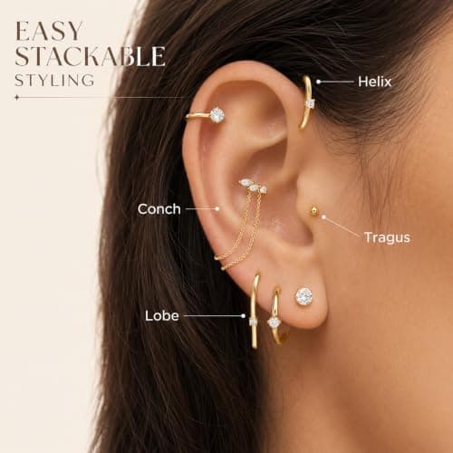 A Lots MiLi 5 Pcs Gold Earring Stack Set for Women - Cartilage Earrings with Flat Back Studs, Huggie Hoop and Dangle Chain Earrings, Stackable Helix Tragus Conch Piercing Jewelry - Thumbnail 3