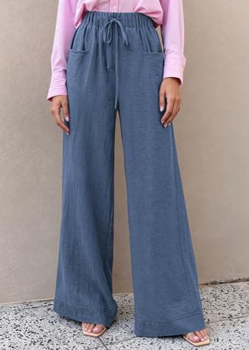 KIRUNDO Wide Leg Palazzo Pants for Women Summer High Waist Flowy Casual Trousers Lounge Pants Beach Vacation Travel Outfits (Dusty Blue, XX-Large) - Thumbnail 2