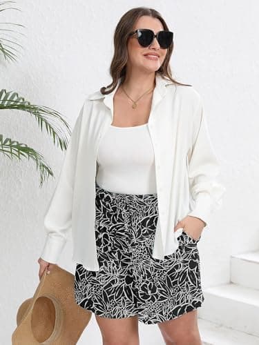 AusLook Plus Size Women's Casual Wide Leg Shorts 4X White Flower Black Lightweight High Waisted Adjustable Tie Knot Loose Summer Baggy Short Pants with Pockets - Thumbnail 5
