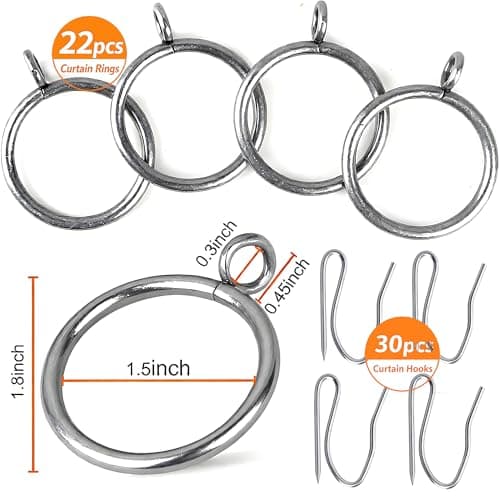 Curtain Rings with Eyelets, Metal Curtain Hooks for Drapes, Drape Ring 1.5 in Inner Diameter Fits Up to 1 1/4 inch Curtain Rod, 1.2 in Drapery Pins (22Pcs Silver Curtain Rings and 30Pcs Silver Hooks) - Thumbnail 2