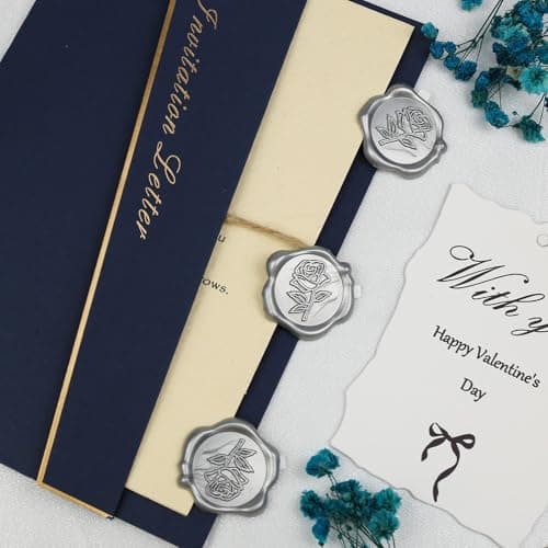 Pilloze 50 Pcs Silvery Wax Seal Stickers - Rose Style, Self Adhesive Wax Seal for Wedding Invitation, Easy Use Good Adhesion, Silvery Rose Envelope Stickers Perfect for Invitation or Seating Chart - Thumbnail 4