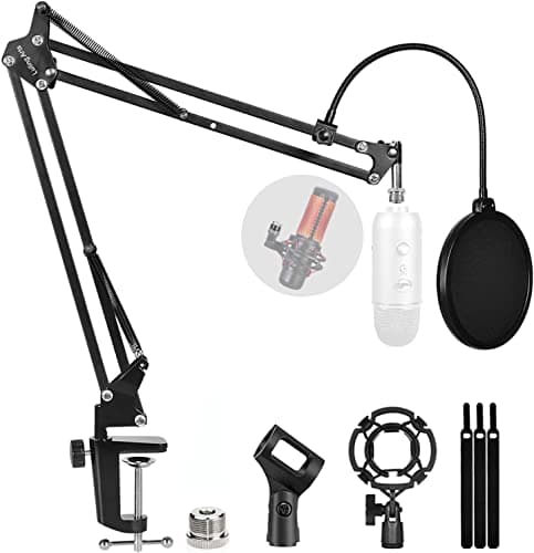Microphone Stand for Blue Yeti, Quadcast Boom Arm Scissor Mic Stand with Windscreen and Double layered screen Pop Filter Heavy Duty Mic Boom Scissor Arm Stands, Broadcasting and Recording.Game - Image 1