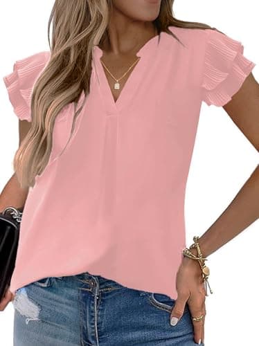 Sucolan Plus Size Tops for Women Notch V Neck Cute Ruffle Sleeve Blouses Business Casual Pink Shirts for Women 3XL - Image 1