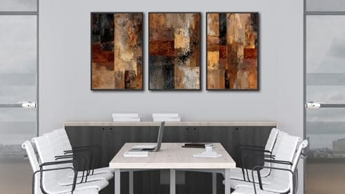 Large Framed Rustic Abstract Wall Art Canvas Prints Set of 3, Neutral Dark Brown Painting Wall Pictures, Retro Industrial Artwork for Living Room Bedroom Office Decor 24"x36"x3 - Thumbnail 5