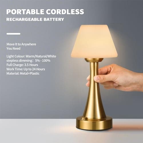 URLIGHTS Waterproof Rechargeable Table Lamp for Shower & Outdoor, Cordless Touch Dimmable Nightstand Lamp with 3 Light Colors, Portable LED Light for Bedroom, Patio, Camping & Bar (Copper) - Thumbnail 2