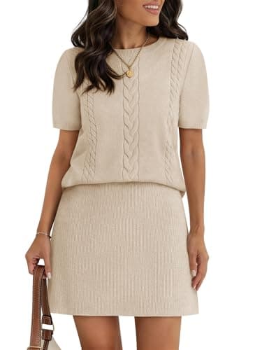 COCCKO 2 Piece Skirt Sets for Women Summer Puff Short Sleeve Sweater Dress Knit Midi Skirt Casual O Neck Two Piece Set Khaki L - Image 1