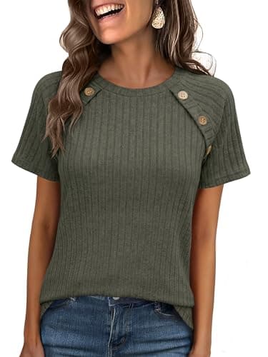 ANRABESS Women Short Sleeve Tops Summer Sweater 2026 Dressy Shirts Business Casual Tunic Blouses Trendy Work Clothes Deep Green Small - Image 1