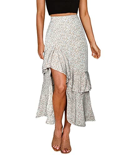 BTFBM Women 2026 Spring Summer Long Skirts Dress Boho Floral Elastic Waist Split Ruffle High Low Beach Maxi Skirt Clothes(Z-White, Large) - Image 1