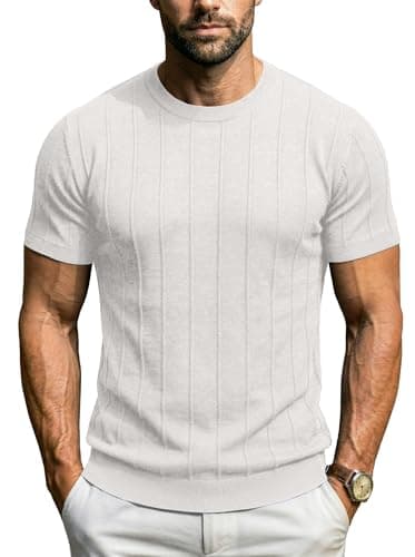 Sailwind Mens Knit Sweater Shirts Short Sleeve Casual Ribbed Pullover T-Shirts White - Image 1