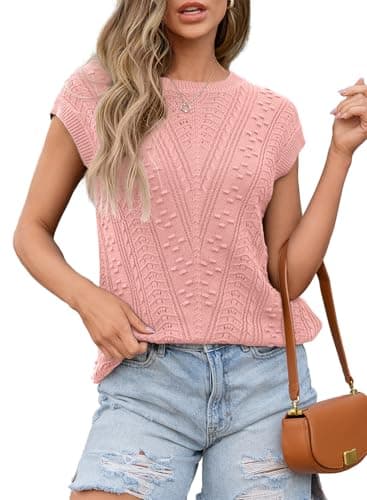 Dokotoo Sweaters Vests for Women Summer Tops Pink Knit Tank Top for Women Spring Outfits Clothing 2025 Trendy Pullover Sweater Oversized Loose Shirts Fit Crew Neck Cropped Size XX-Large - Image 1