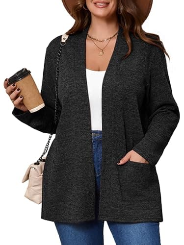 AusLook Women's Plus Size Lightweight Open Front Cardigan Black 5X Causal Long Sleeve Sweater Cover Ups Jacket Shrugs Tops Shawls and Wraps Kimono - Image 1