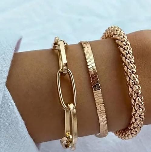 Alegend 14K Gold-Plated 3-Layered Bracelet Set - Chunky & Snake Chain Stackable Bracelets for Daily Wear - Thumbnail 5