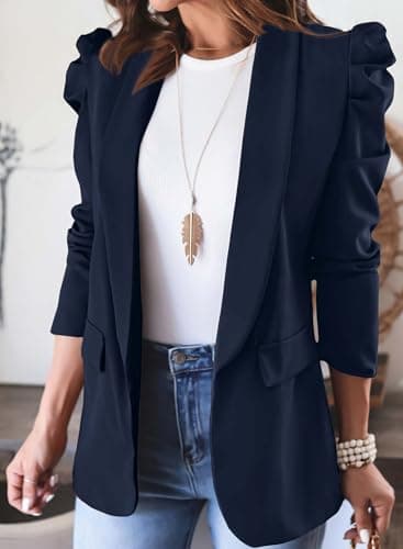 KIRUNDO Women's 2026 Spring Fall Casual Blazers Puff Sleeve Lapel Open Front Work Suit Office Blazer Jackets with Pockets (Dark Blue, Medium) - Thumbnail 4