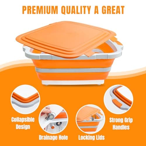 Collapsible BBQ Prep Tub with Cutting Board & Lid, Folding Food Container BPA-Free Heavy-Duty, Dishwasher Safe, Upgraded Drain Hole - for Camping, Grilling Outdoor Cooking (Orange, X-Large) - Thumbnail 5