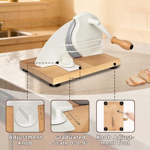 Manual Bread Slicer for Homemade Sourdough Bread, Adjustable Thickness Bread Cutter with Hand Crank, Slicing Guide, Scale Line, Stainless Steel Blade & Suction Cups, for Perfect Even Slices (Cream) - Thumbnail 3